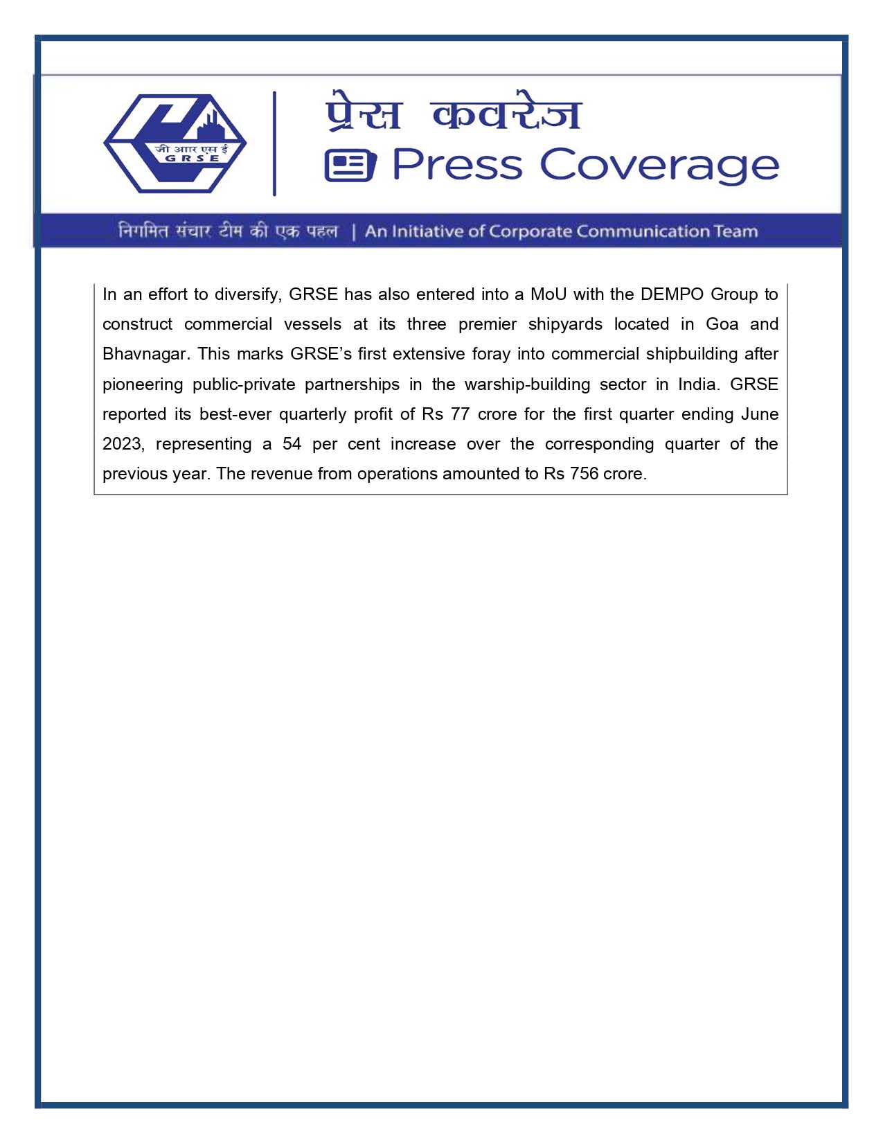 Press Coverage : Money Control, 20 Sep 23 : GRSE signs pact with Global firms for Hydrogen Fuel Cell Ferry and Medium-Speed Engines